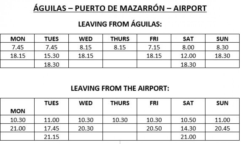 Bus services between Camposol and the Region of Murcia International Airport in Corvera winter 2019-20