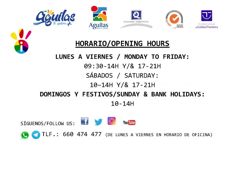 <span style='color:#780948'>ARCHIVED</span> - Águilas Tourist office opening times Summer 2020