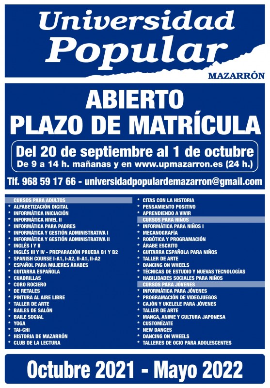 <span style='color:#780948'>ARCHIVED</span> - Enrolment opens for Universidad Popular in Mazarron on September 20